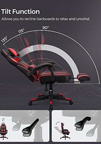 SONGMICS gamerstol, fodsttte, vippefunktion, nakkesttte, lndesttte, armln, hjul - sort/rd PU