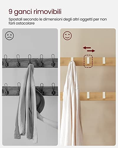 VASAGLE entréopstilling, m. 9 kroge, 1 bjlestang, 3 hylder - natur spnplade og creme stl