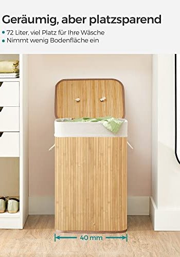 SONGMICS vasketjskurv, foldbar, m. 1 lg, aftageligt og vaskbart for - bomuld og natur bambus