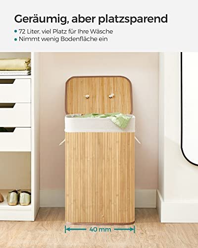 SONGMICS vasketjskurv, foldbar, m. 1 lg, aftageligt og vaskbart for - bomuld og natur bambus
