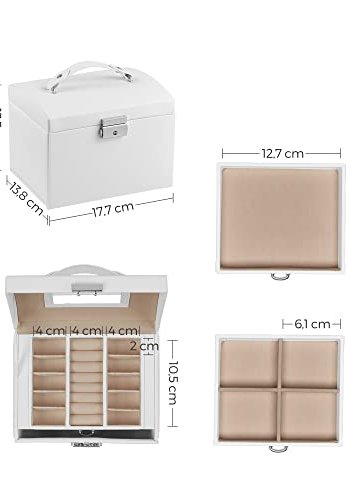 SONGMICS smykkeskrin, 3 lag, m. hndtag, 2 skuffer, lsbar, m. spejl - hvid