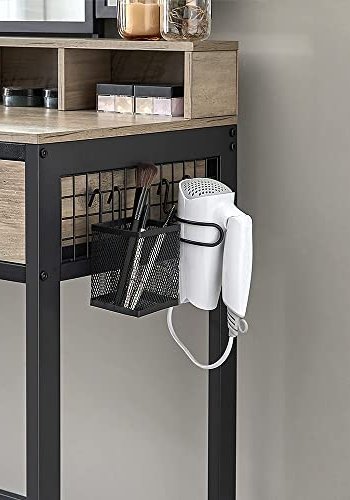 VASAGLE makeupbord, trefoldsspejl, 3 skuffer, 4 rum, taburet - greige spnplade, sort stl (90x40)