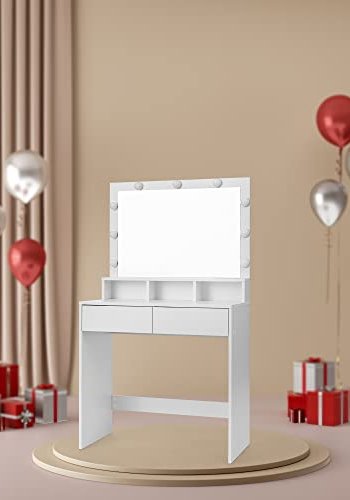 VASAGLE makeupbord, m. spejl, 9 LED-prer, 2 skuffer, 3 rum - spejlglas og hvid melamin (80x40)