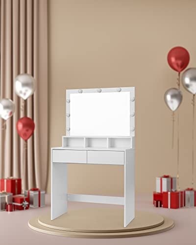 VASAGLE makeupbord, m. spejl, 9 LED-prer, 2 skuffer, 3 rum - spejlglas og hvid melamin (80x40)