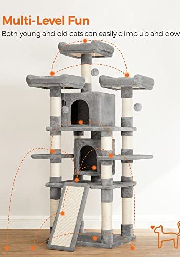 FEANDREA stor kradsetr, 5 niveauer, 3 platforme, 2 huler, 3 pomponer - lysegr plys