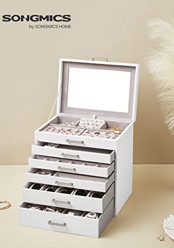 SONGMICS smykkeskrin, m. 6 lag, 5 skuffer, spejl - hvid MDF