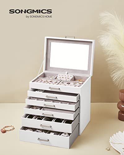 SONGMICS smykkeskrin, m. 6 lag, 5 skuffer, spejl - hvid MDF