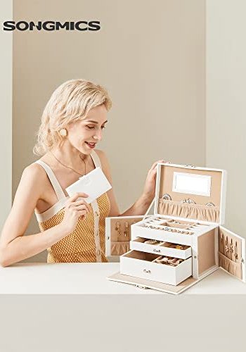 SONGMICS smykkeskrin, m. 2 skuffer, lsbart etui, spejl, transportabelt rejseetui - hvid kunstlder