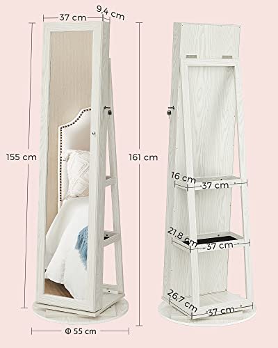 SONGMICS smykkeskab, 360° drejelig, m. spejl, hylder, 3-i-1 lsbar - hvid med grlig trkorn MDF