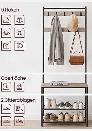 VASAGLE entréopstilling, m. 9 kroge, 3 hylder - greige spnplade og sort stl