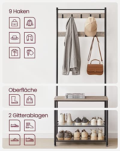 VASAGLE entréopstilling, m. 9 kroge, 3 hylder - greige spnplade og sort stl