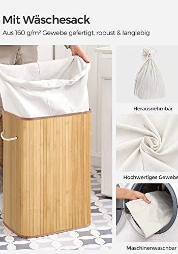 SONGMICS vasketjskurv, foldbar, m. 1 lg, aftageligt og vaskbart for - bomuld og natur bambus
