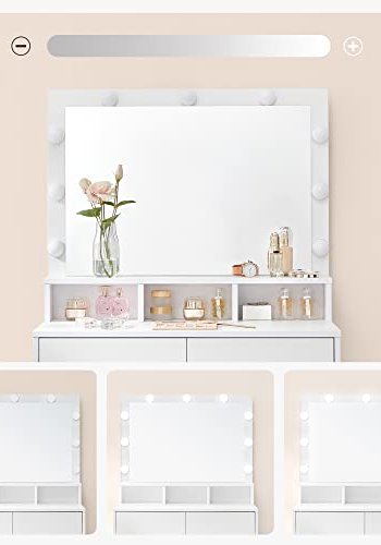 VASAGLE makeupbord, m. spejl, 9 LED-prer, 2 skuffer, 3 rum - spejlglas og hvid melamin (80x40)