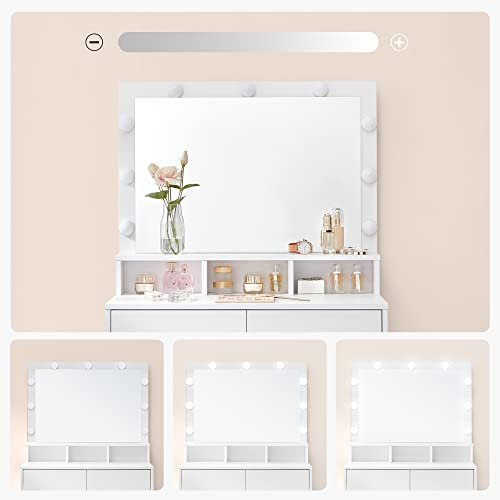 VASAGLE makeupbord, m. spejl, 9 LED-prer, 2 skuffer, 3 rum - spejlglas og hvid melamin (80x40)