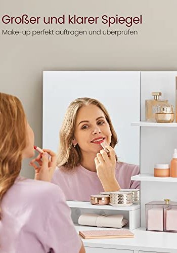 VASAGLE makeup bord, m. spejl, 1 skuffe, 4 hylder, 1 skab- spejlglas og hvid spnplade (80x40)