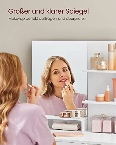 VASAGLE makeup bord, m. spejl, 1 skuffe, 4 hylder, 1 skab- spejlglas og hvid spnplade (80x40)