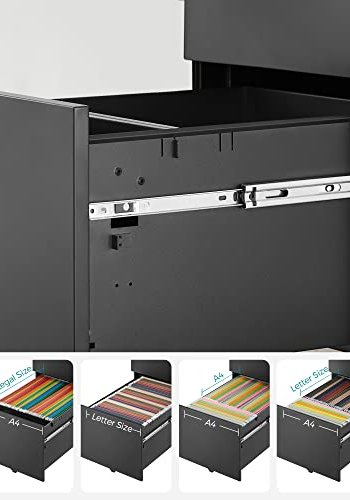 SONGMICS mobilt arkivskab, m. 3 skuffer, lsbar stlsokkel, hngemappe skinner, hjul - sort stl