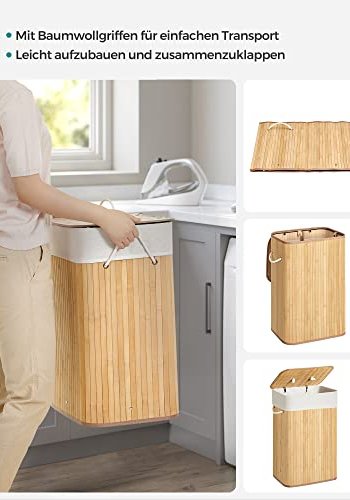 SONGMICS vasketjskurv, foldbar, m. 1 lg, aftageligt og vaskbart for - bomuld og natur bambus