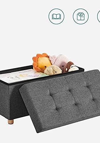 SONGMICS opbevaringsbnk, m. 1 lg, foldbar - mrkegr linned og natur tr (76x38)