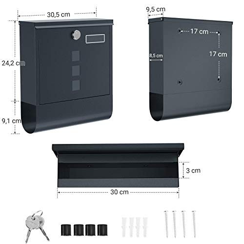 SONGMICS vgmonteret postkasse, lukket ls, m. avisholder, navneskilt - antracitgr stl