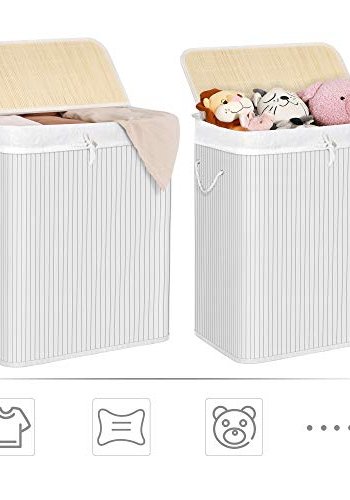 SONGMICS opdelt vasketjskurv, m. lg, 2 sektioner, aftagelig for, hndtag - hvid bomuld og bambus