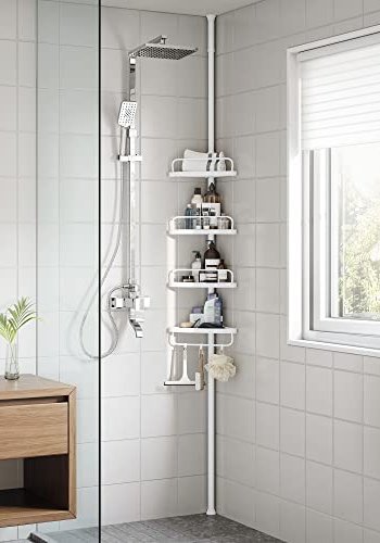 SONGMICS hjrnehylde til brusekabine, teleskopisk, m. 4 bakker, 3 kroge - hvid plast og stl