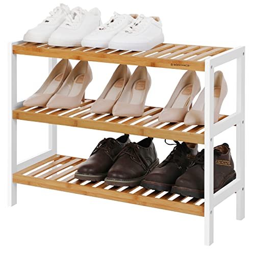 SONGMICS skohylde, m. 3 hylder - natur og hvid bambus (70x26)