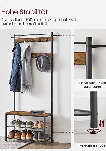 VASAGLE entréopstilling, m. 9 kroge, 3 hylder - brun spnplade og sort stl