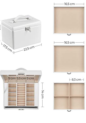 SONGMICS smykkeskrin, 4 niveauer, aflselig smykkeopbevaringsboks med bakker, fljlsforing - hvid 
