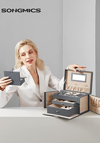 SONGMICS smykkeskrin, lsbar, m. 3 lag, rejseetui, 2 skuffer, spejl - gr PU