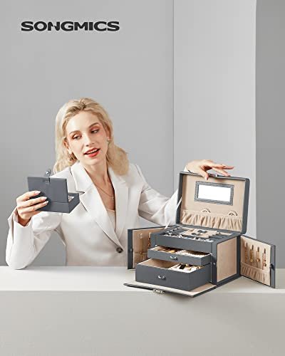 SONGMICS smykkeskrin, lsbar, m. 3 lag, rejseetui, 2 skuffer, spejl - gr PU