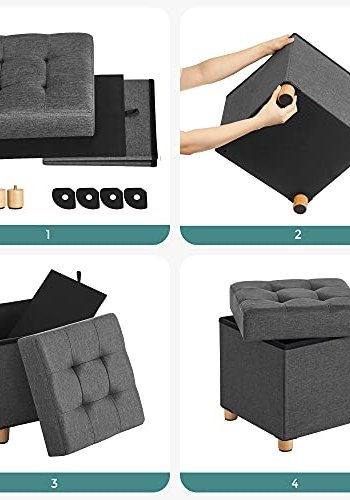 SONGMICS puf, sammenklappelig, m. lg - mrkegr imiteret linned og natur tr (38x38)