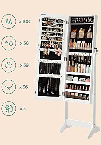 SONGMICS smykkeskab, lsbar, m. spejl, 2 plastikopbevaring til kosmetik - spejlglas og hvid MDF