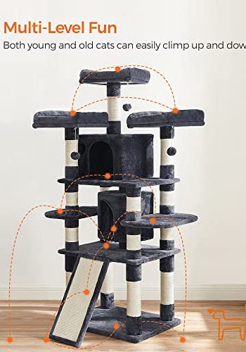 FEANDREA stor kradsetr, 5 niveauer, 3 platforme, 2 huler, 3 pomponer - rggr plys