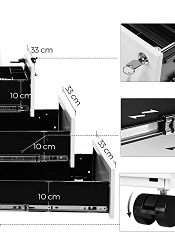 Songmics arkivskab, lsbar, m. 3 skuffer og hjul - hvid stl
