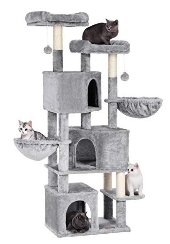 FEANDREA stor kradsetr, 8 niveauer, 2 platforme, 3 huler, 2 pomponer, 2 kurve - lysegr plys