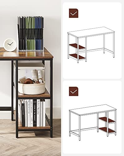 VASAGLE skrivebord, m. 2 hylder - rustik brun spnplade og sort stl (140x60)