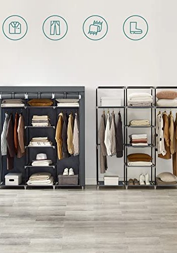 SONGMICS garderobeskab, sammenfoldelig, m. 2 bjlestnger og hylder - gr lrred og stl