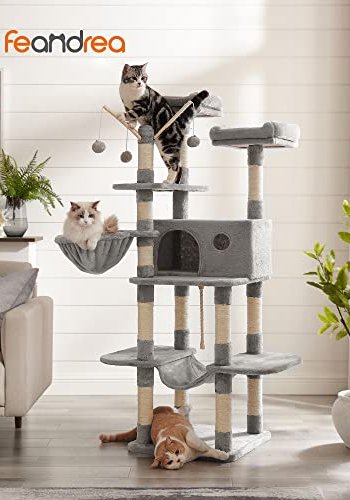 FEANDREA kradsetr, 6 niveauer, 2 platforme, 1 kurv, 1 hule, 3 pomponer, 1 hngekje - lysegr plys