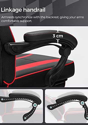 SONGMICS gamerstol, fodsttte, vippefunktion, nakkesttte, lndesttte, armln, hjul - sort/rd PU
