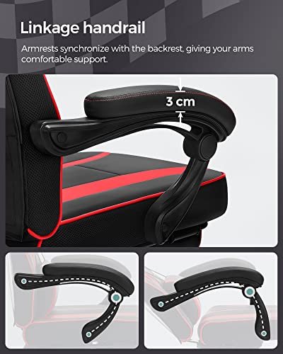 SONGMICS gamerstol, fodsttte, vippefunktion, nakkesttte, lndesttte, armln, hjul - sort/rd PU