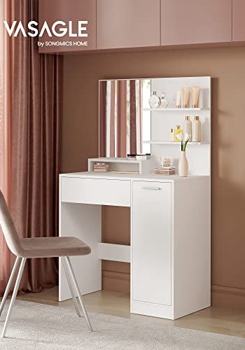 VASAGLE makeup bord, m. spejl, 1 skuffe, 4 hylder, 1 skab- spejlglas og hvid spnplade (80x40)