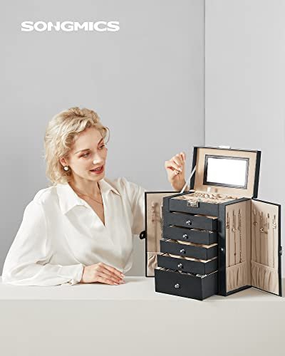SONGMICS smykkeskrin, lsbar, m. 6 lag, 5 skuffer, spejl - sort MDF