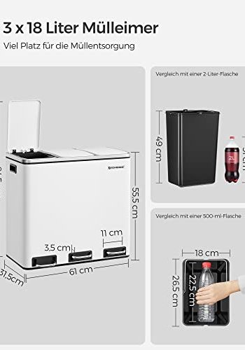 SONGMICS affaldsspand, 3-rums pedalspand, softclose lg, indvendige plastspande, hndtag - hvid stl