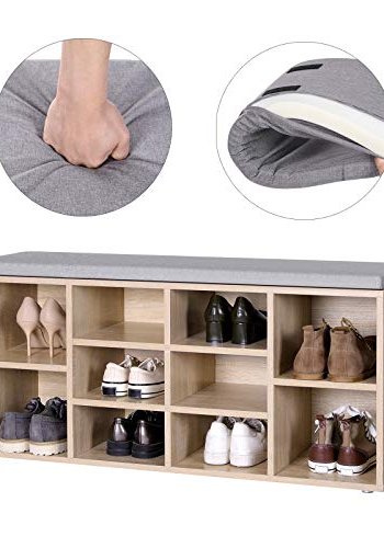 VASAGLE entrébnk, m. stofhynde og 10 rum til sko - naturfarvet spnplade (104x30)