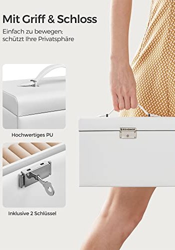 SONGMICS smykkeskrin, m. 2 skuffer, lsbart etui, spejl, transportabelt rejseetui - hvid kunstlder
