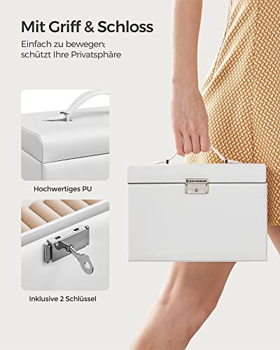 SONGMICS smykkeskrin, m. 2 skuffer, lsbart etui, spejl, transportabelt rejseetui - hvid kunstlder