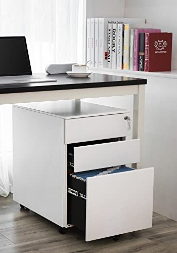 SONGMICS arkivskab, lsbar, m. 3 skuffer, hngemappe, hjul - hvid stl