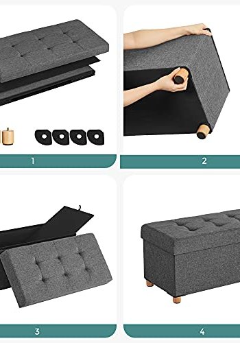 SONGMICS opbevaringsbnk, m. 1 lg, foldbar - mrkegr linned og natur tr (76x38)