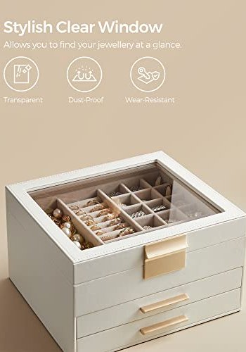 SONGMICS smykkeskrin, 3-lag, m. glaslg og 2 skuffer - guld og hvid kunstlder